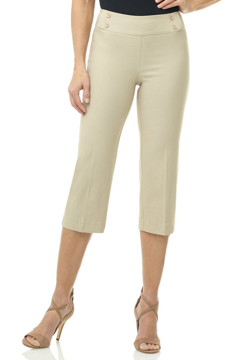 Rekucci Womenâ€™s Comfort Stretch Pull-On Capri Pants with Button Detail â€“ Everyday Casual Wear (12, Stone) - Image 1